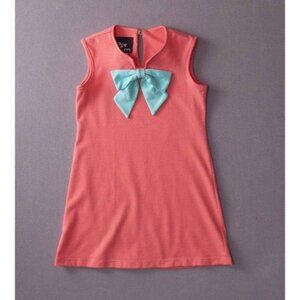 Coral Pink Sleeveless Girls Dress With Teal Bow Accent & Single Button Closure 6